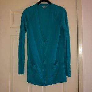Turquoise button up cardigan with front pockets